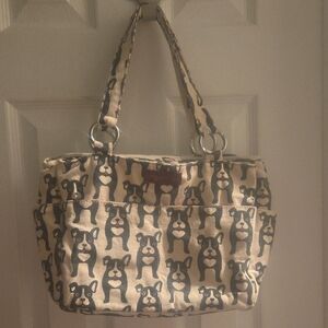 Here is an adorable bungalow 360 boston terrier/ Frenchie canvas purse